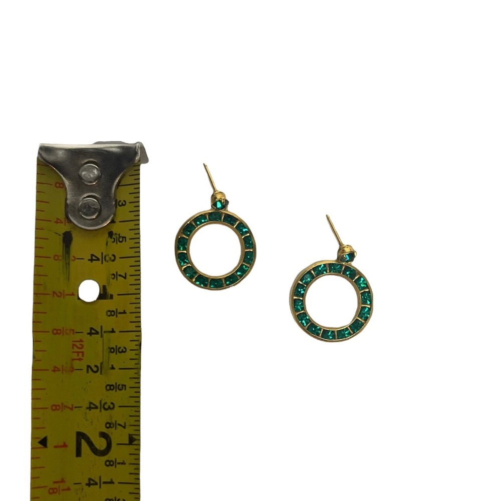 Vintage Faux Emerald Drop Hoop Gold Tone Earrings - Picture 5 of 9